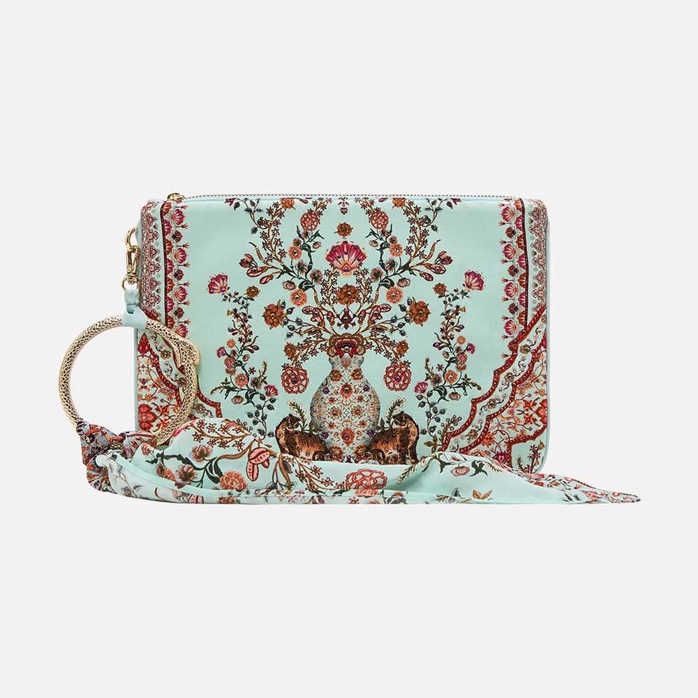 CAMILLA “Weaving Worlds” blue floral silk boho ring scarf clutch bag